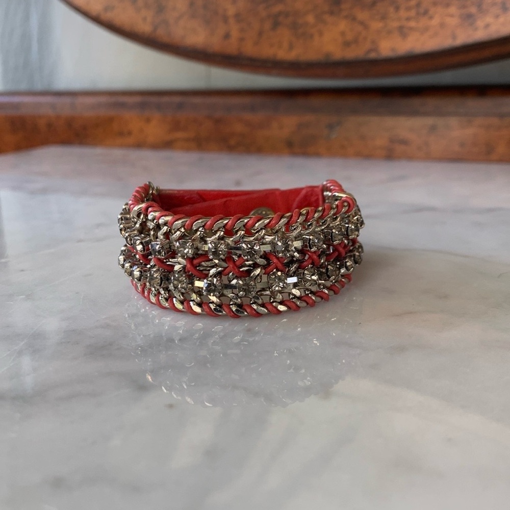Yik Fung Red Leather Silver Chain and Rhinestones Bracelet